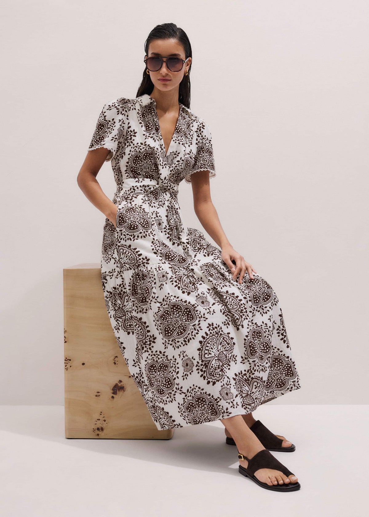 White Cheesecloth In-Full-Bloom Print Maxi Dress + Belt | ME+EM