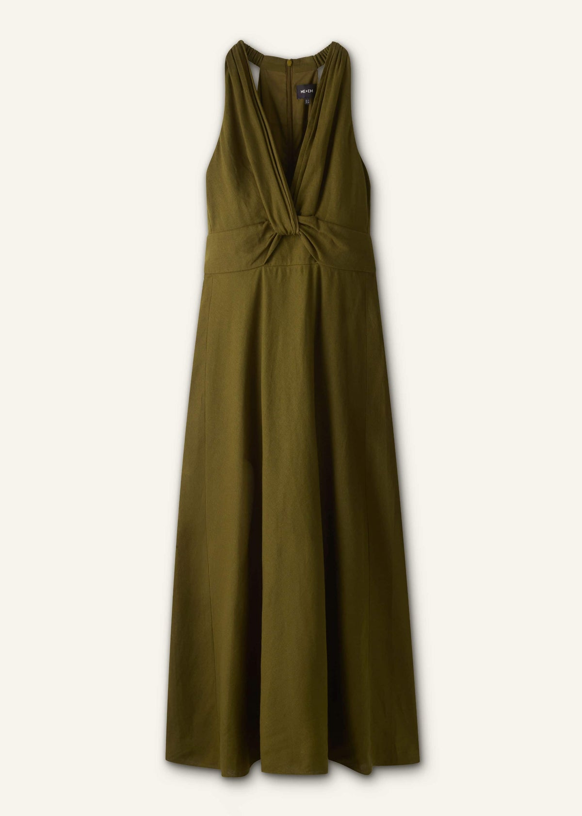 Olive Green Crease-Less Linen Twist Front Maxi Dress | ME+EM