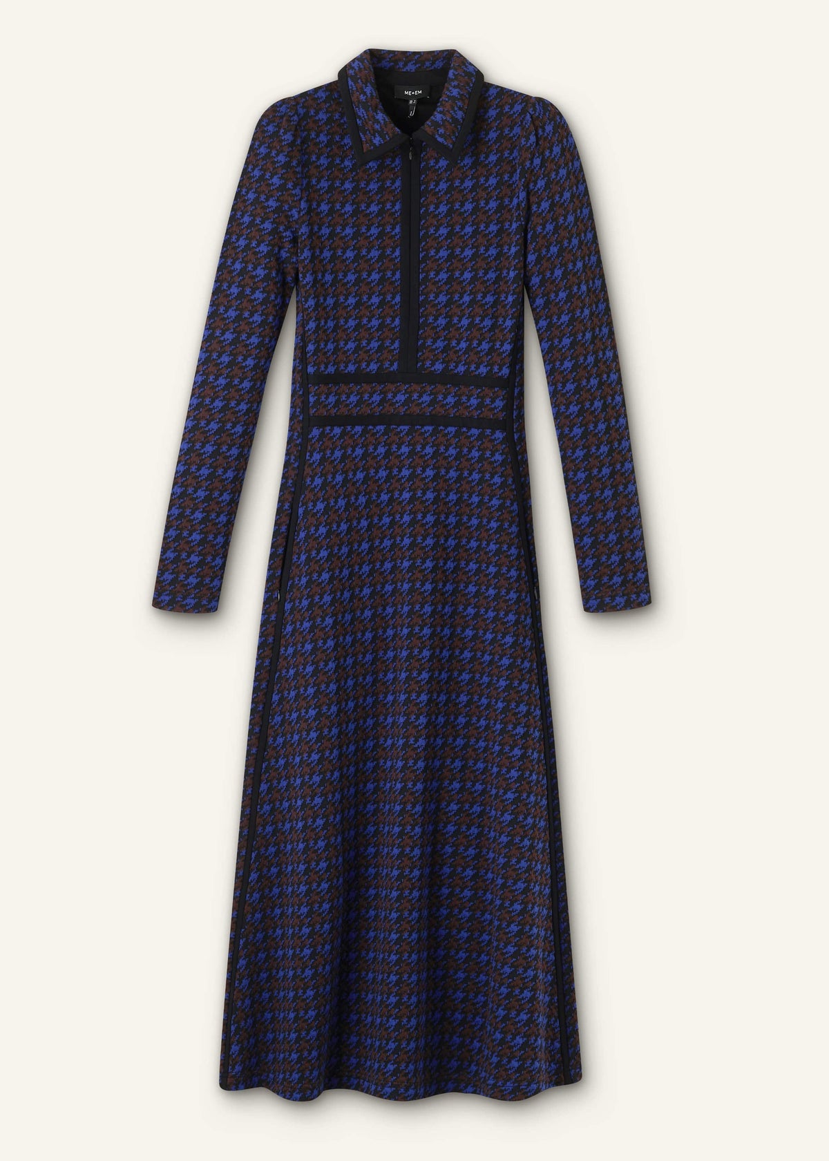 Navy Houndstooth Jacquard Ponte Zip Neck Maxi Dress | ME+EM