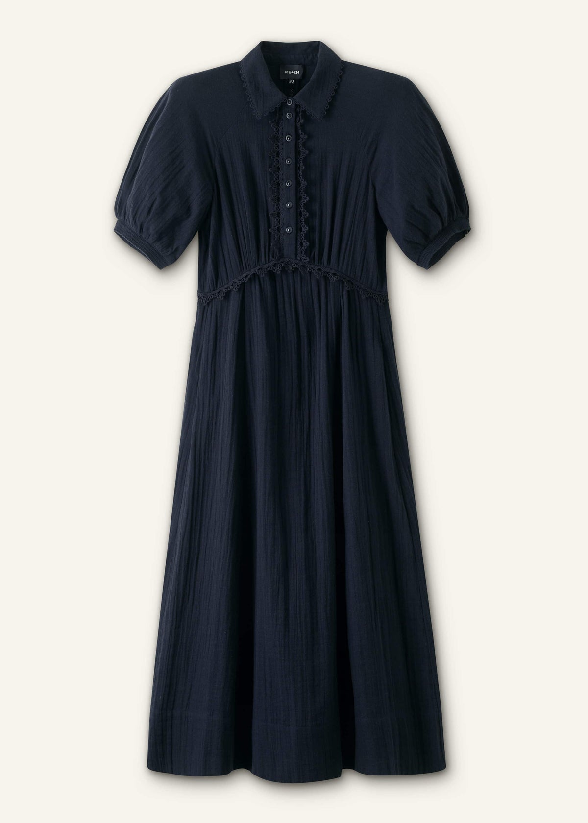 Navy Cheesecloth Intricate Detail Fit + Flare Midi Dress | ME+EM