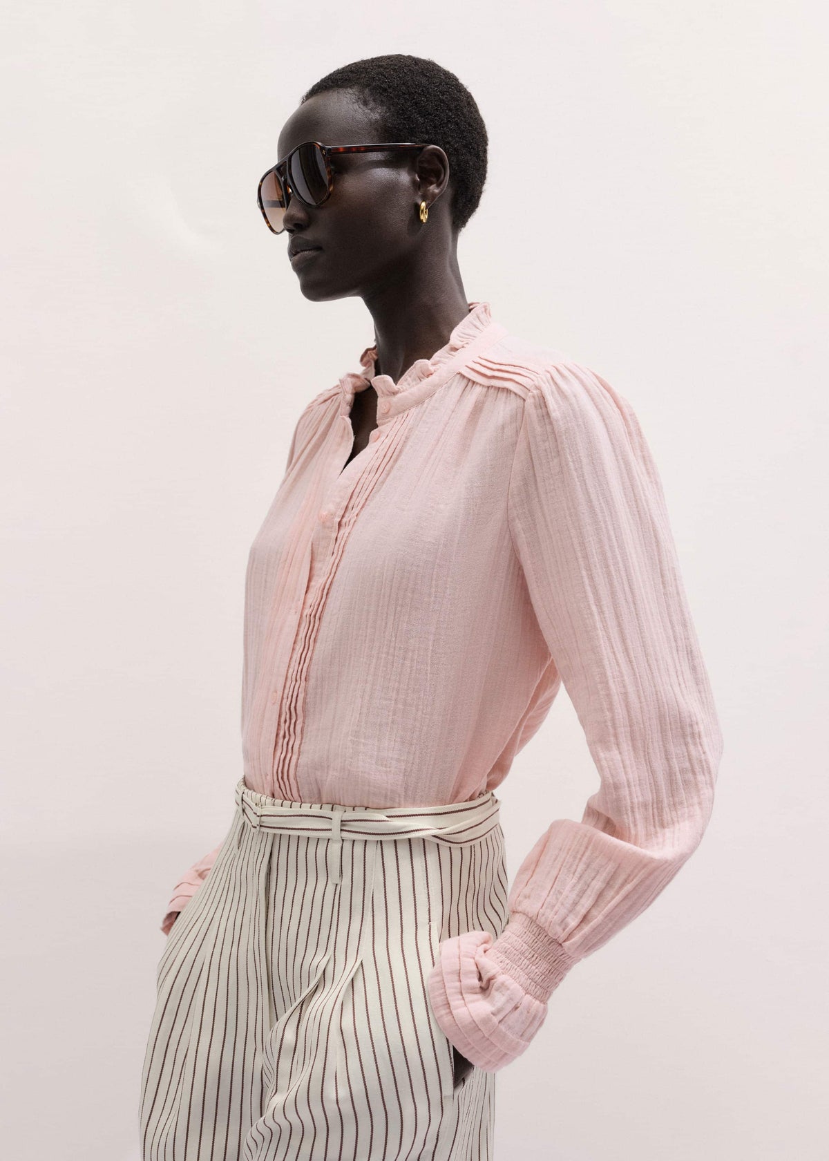 Pink Pleat Detail Long Sleeve Cheesecloth Blouse | ME+EM