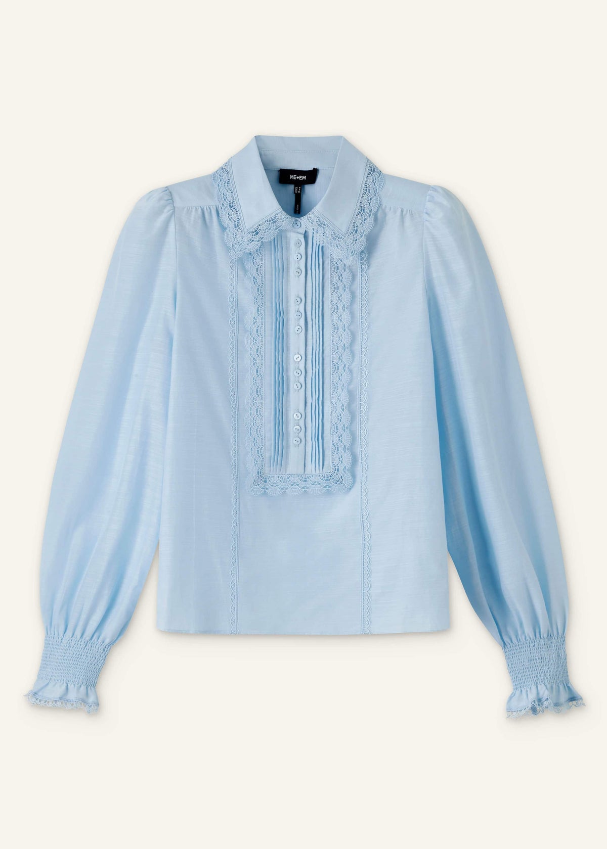 Blue Silk Cotton Lace Trim Straight Blouse | ME+EM