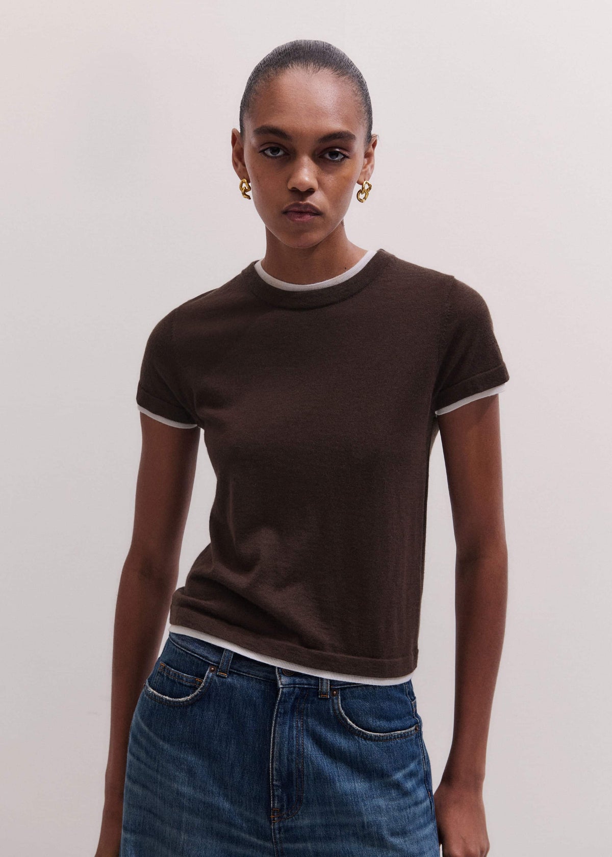 Brown Barely There Contrast Trim Knit Baby Tee | ME+EM