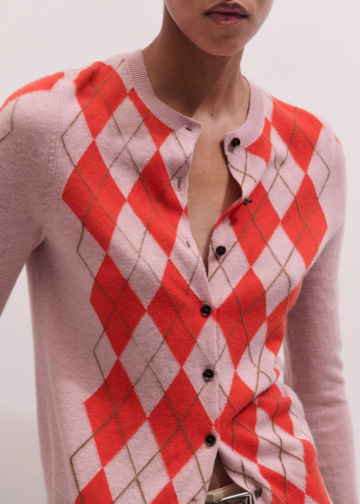 Pink Fine Argyle Slim Knit Cardigan | ME+EM
