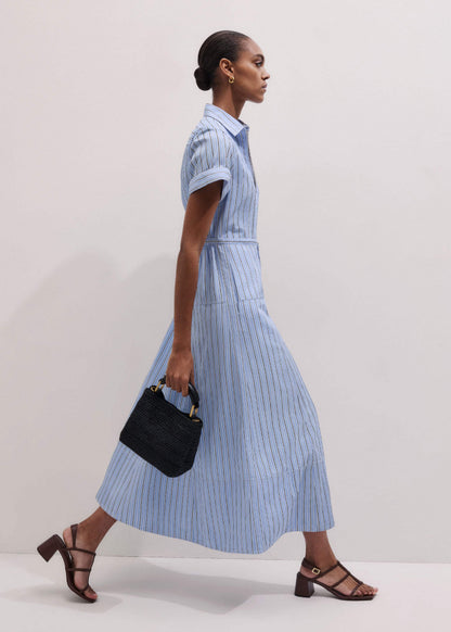 Blue Drawstring Waist Zip Neck Maxi Shirt Dress | ME+EM