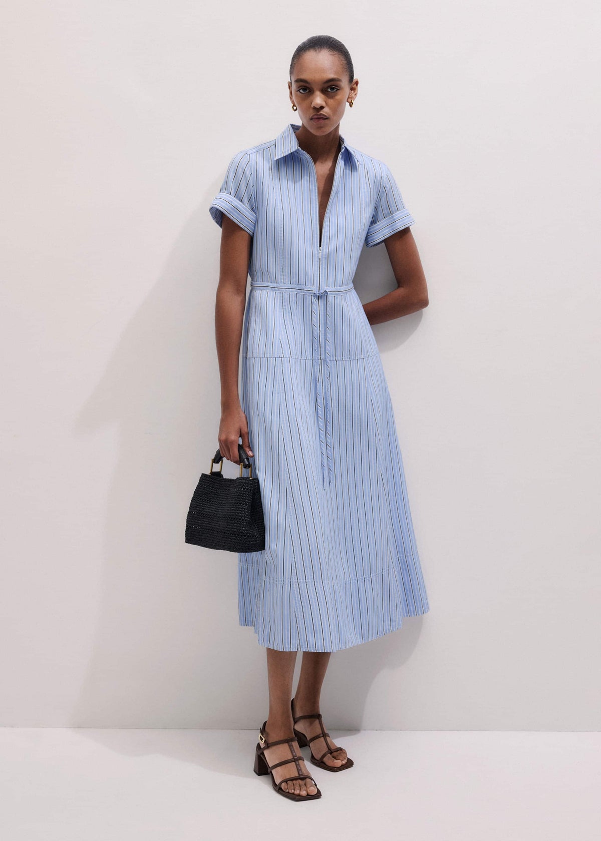 Blue Drawstring Waist Zip Neck Maxi Shirt Dress | ME+EM