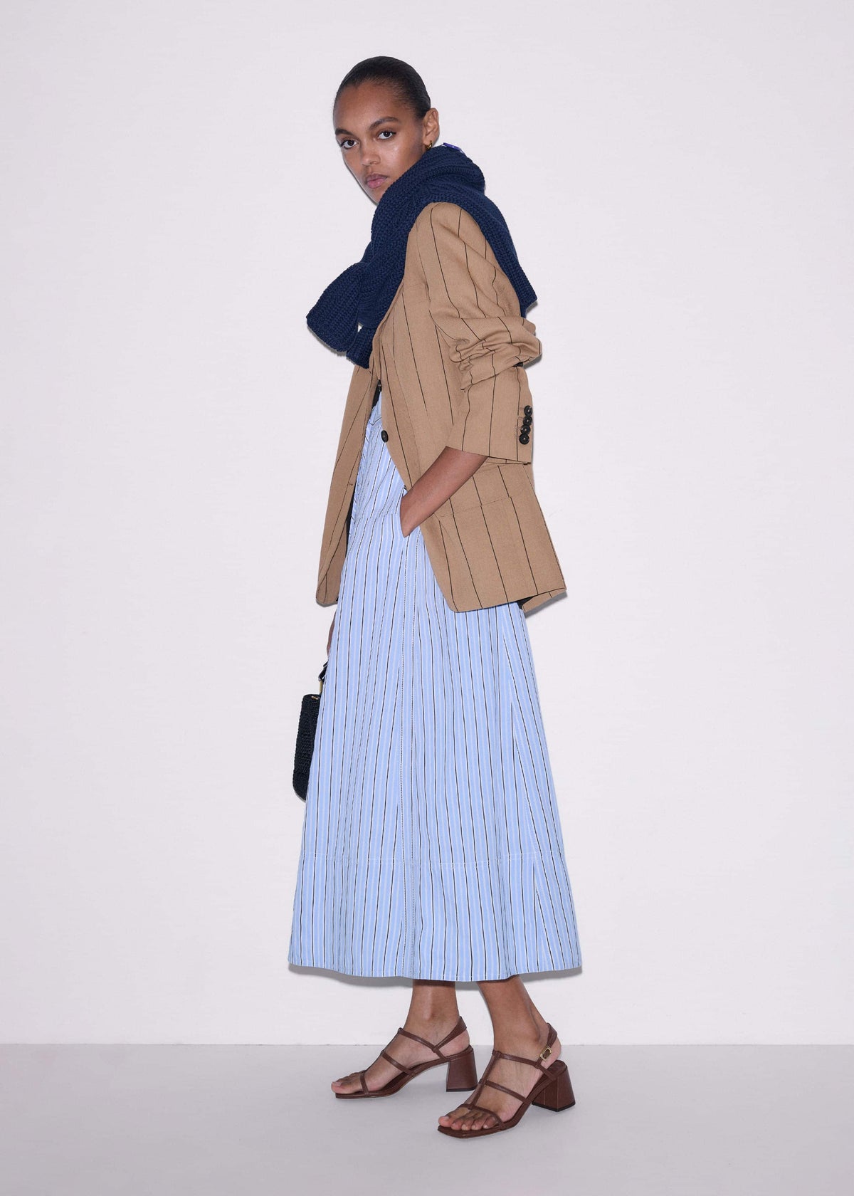 Blue Drawstring Waist Zip Neck Maxi Shirt Dress | ME+EM