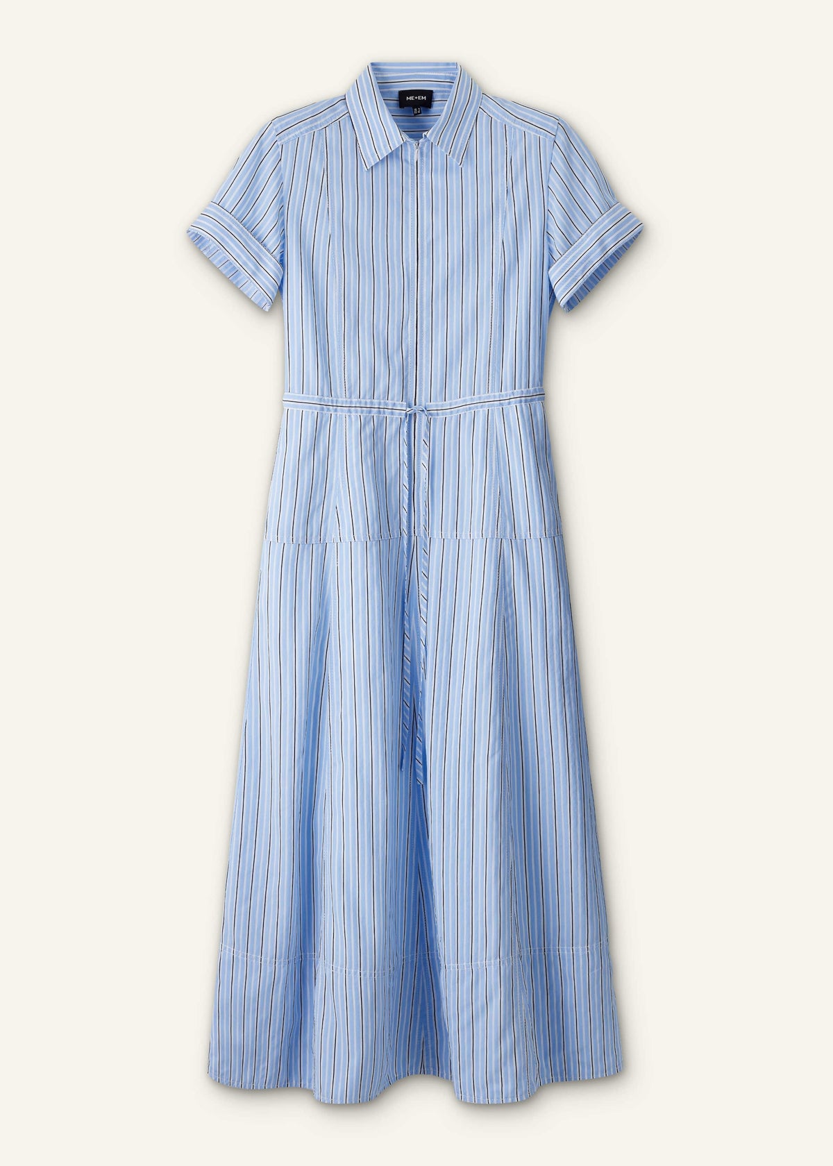 Blue Drawstring Waist Zip Neck Maxi Shirt Dress | ME+EM