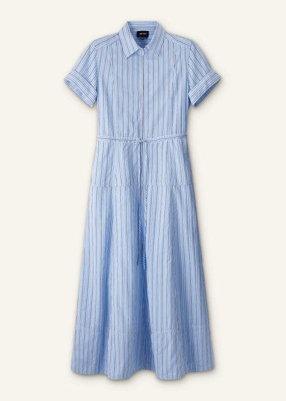 Blue Drawstring Waist Zip Neck Maxi Shirt Dress | ME+EM