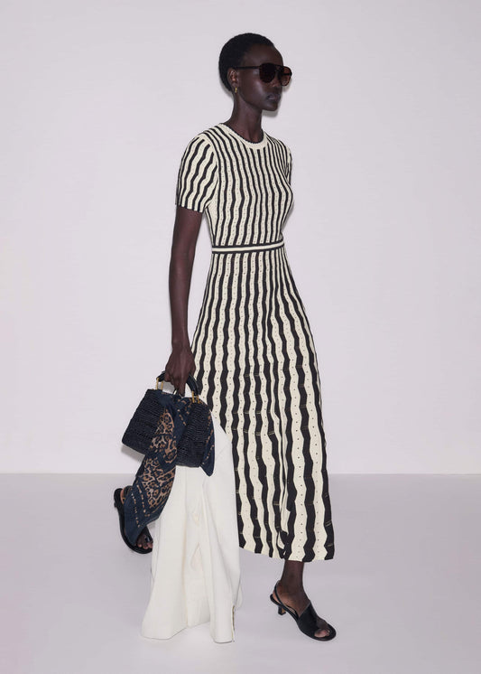 Cream Textured Pointelle Knit Stripe Maxi Dress | ME+EM