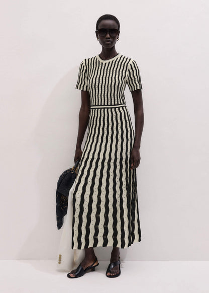 Cream Textured Pointelle Knit Stripe Maxi Dress | ME+EM