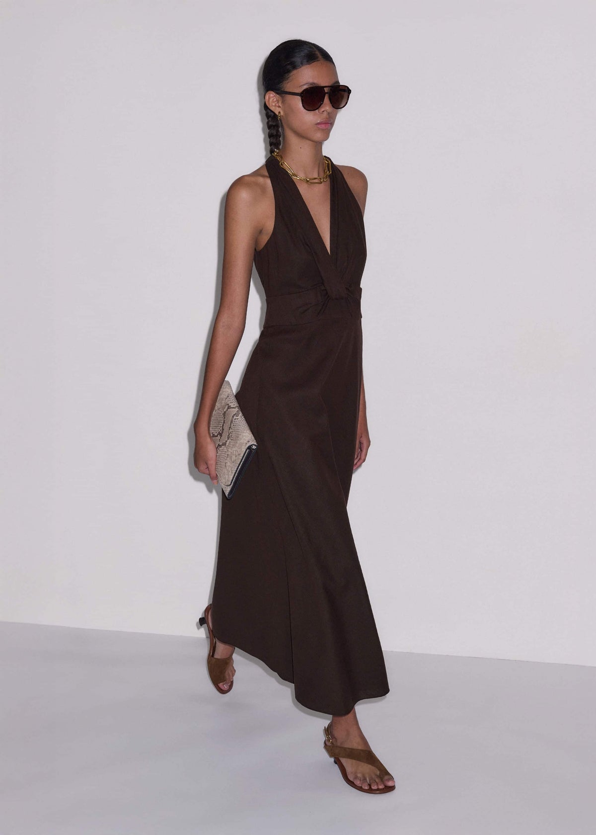 Brown Crease-Less Linen Twist Front Maxi Dress | ME+EM