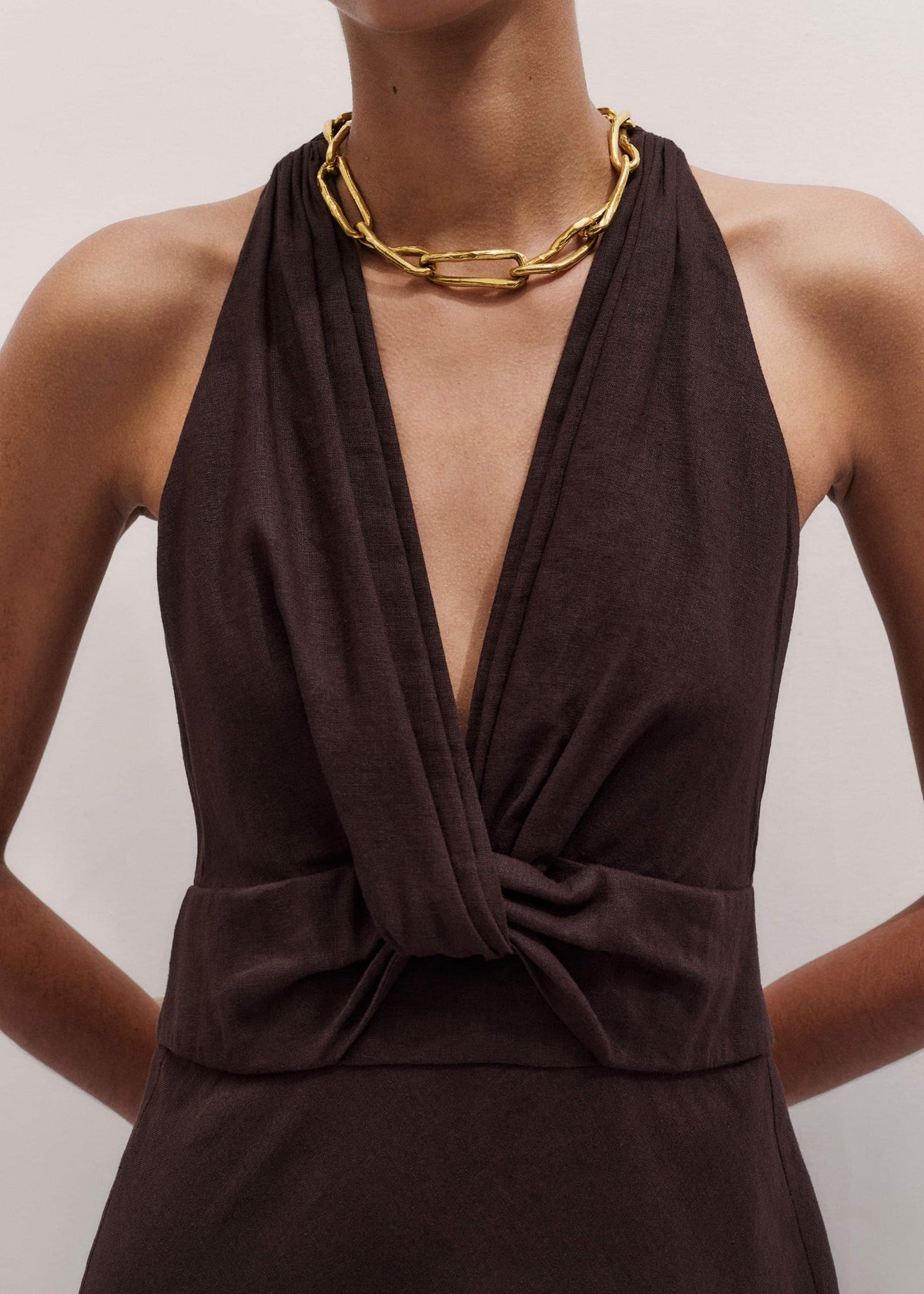 Brown Crease-Less Linen Twist Front Maxi Dress | ME+EM