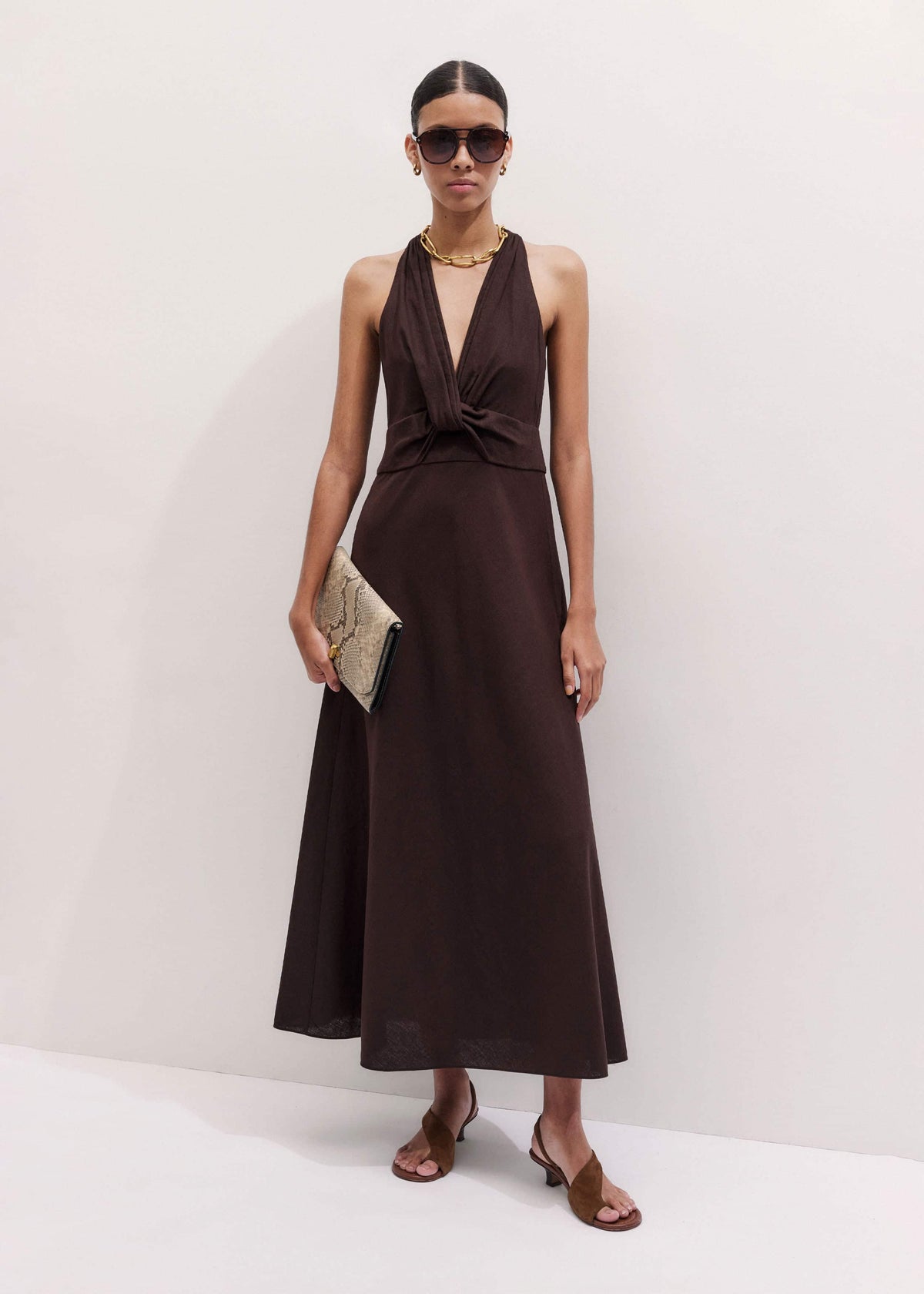 Brown Crease-Less Linen Twist Front Maxi Dress | ME+EM