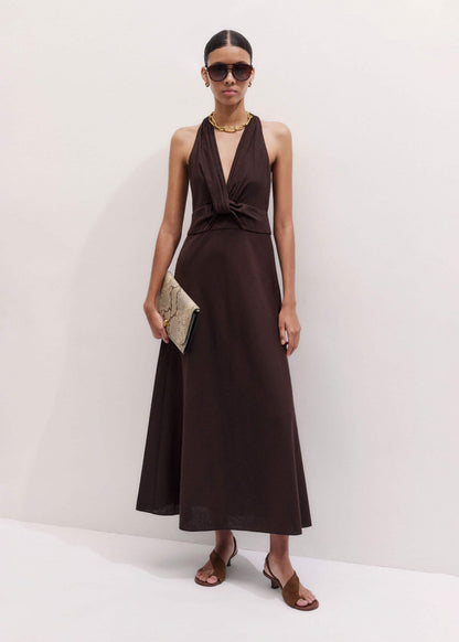 Brown Crease-Less Linen Twist Front Maxi Dress | ME+EM