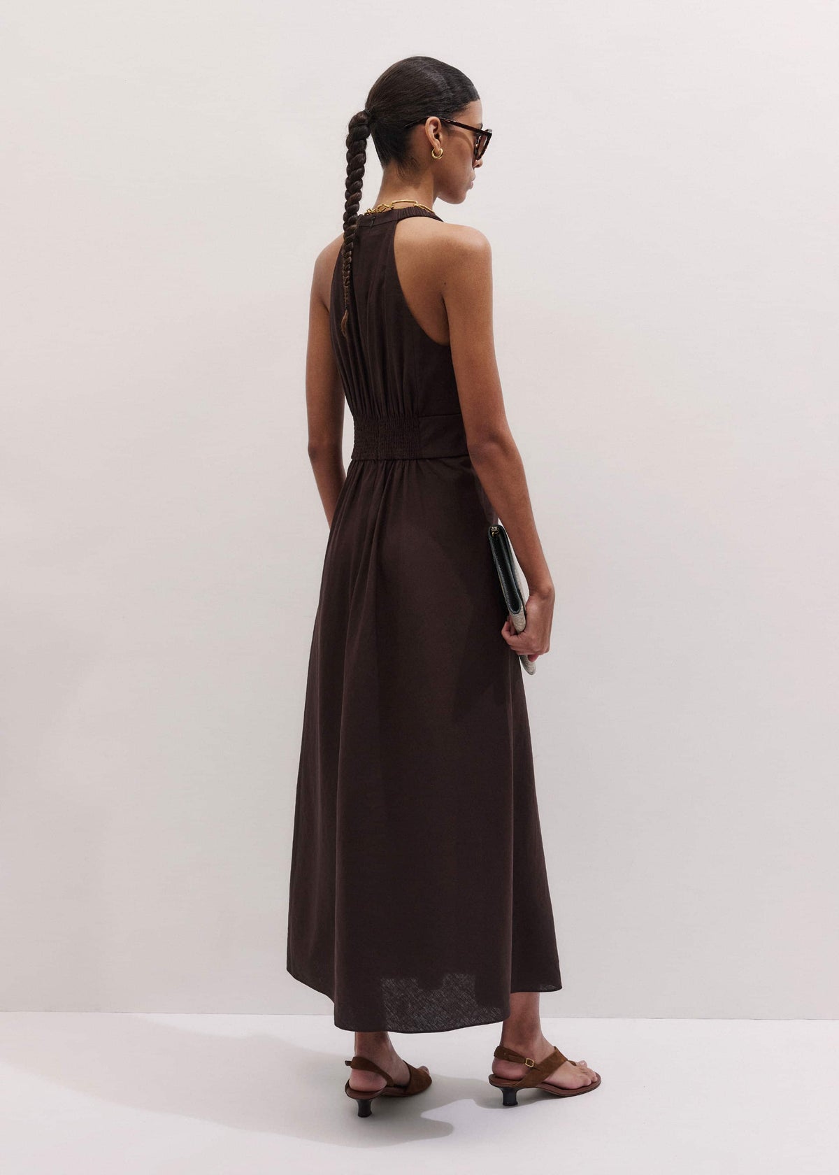 Brown Crease-Less Linen Twist Front Maxi Dress | ME+EM