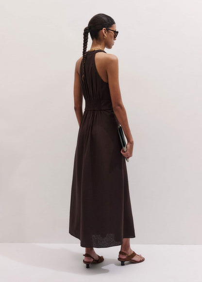 Brown Crease-Less Linen Twist Front Maxi Dress | ME+EM