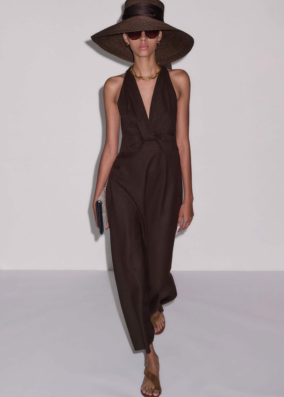 Brown Crease-Less Linen Twist Front Maxi Dress | ME+EM