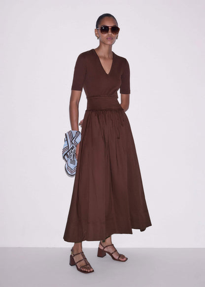 Cinnamon V-Neck Smocked Skirt Mixed Media Maxi Dress | ME+EM