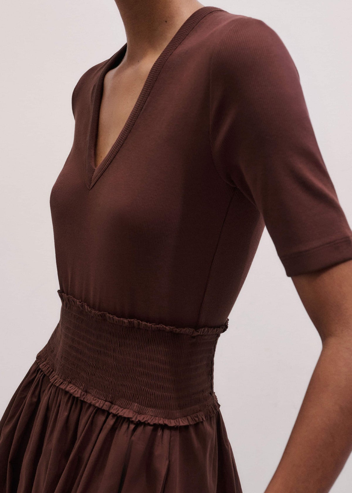 Cinnamon V-Neck Smocked Skirt Mixed Media Maxi Dress | ME+EM