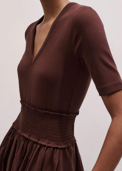 Cinnamon V-Neck Smocked Skirt Mixed Media Maxi Dress | ME+EM