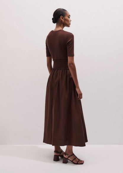 Cinnamon V-Neck Smocked Skirt Mixed Media Maxi Dress | ME+EM