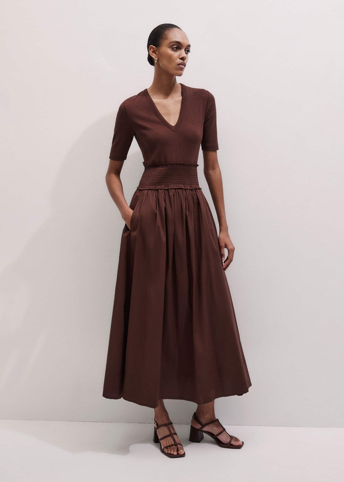 Cinnamon V-Neck Smocked Skirt Mixed Media Maxi Dress | ME+EM