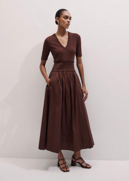 Cinnamon V-Neck Smocked Skirt Mixed Media Maxi Dress | ME+EM