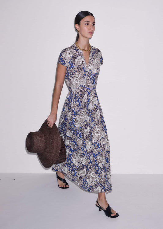 Blue Elaborate Botanical Tiered Maxi Dress | ME+EM