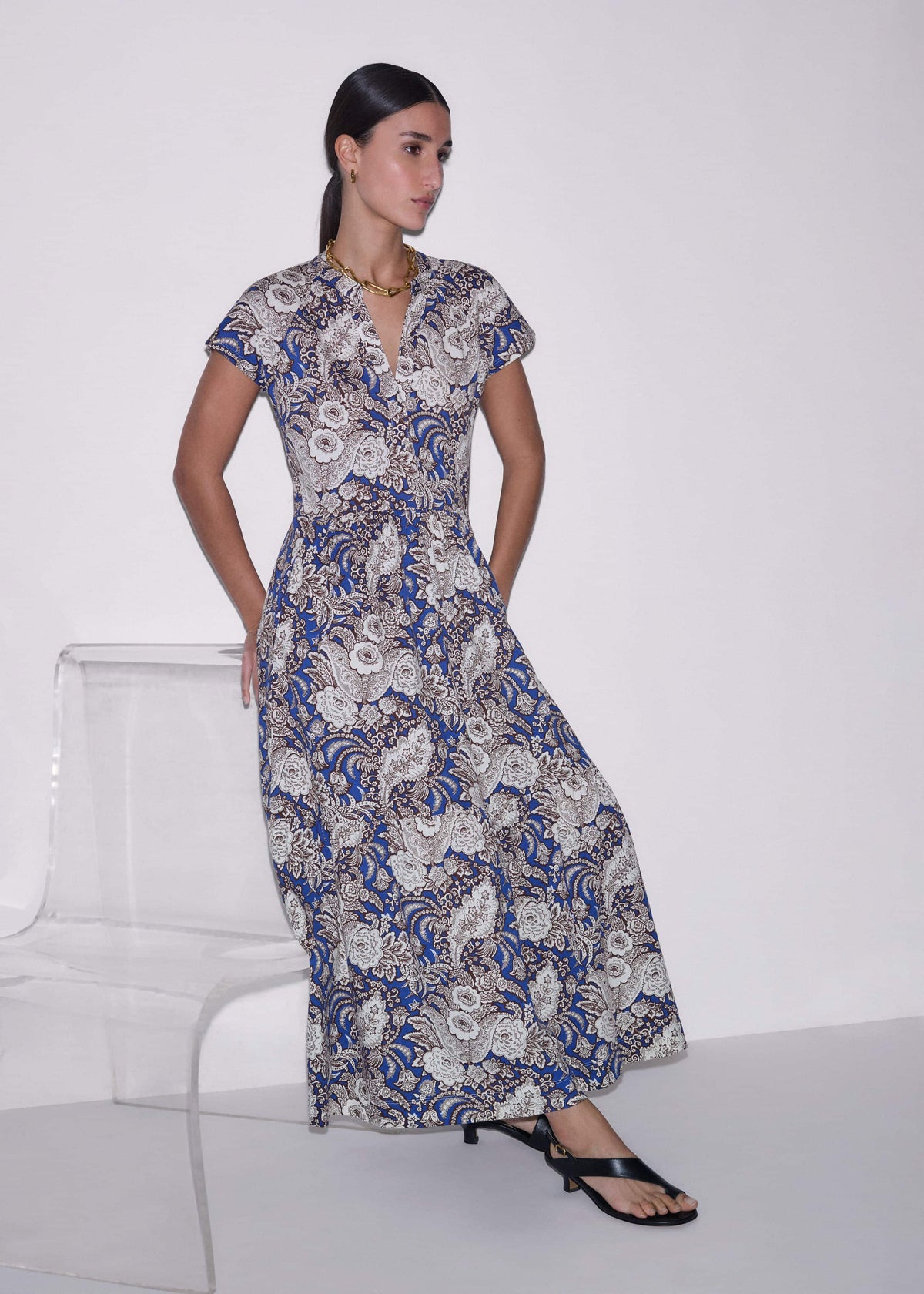 Blue Elaborate Botanical Tiered Maxi Dress | ME+EM