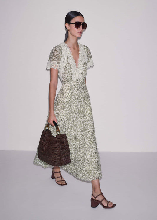 Green Silk Cotton Lace Trim Maxi Dress | ME+EM