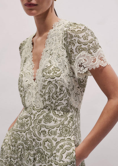 Green Silk Cotton Lace Trim Maxi Dress | ME+EM
