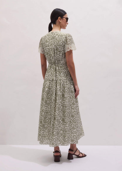 Green Silk Cotton Lace Trim Maxi Dress | ME+EM