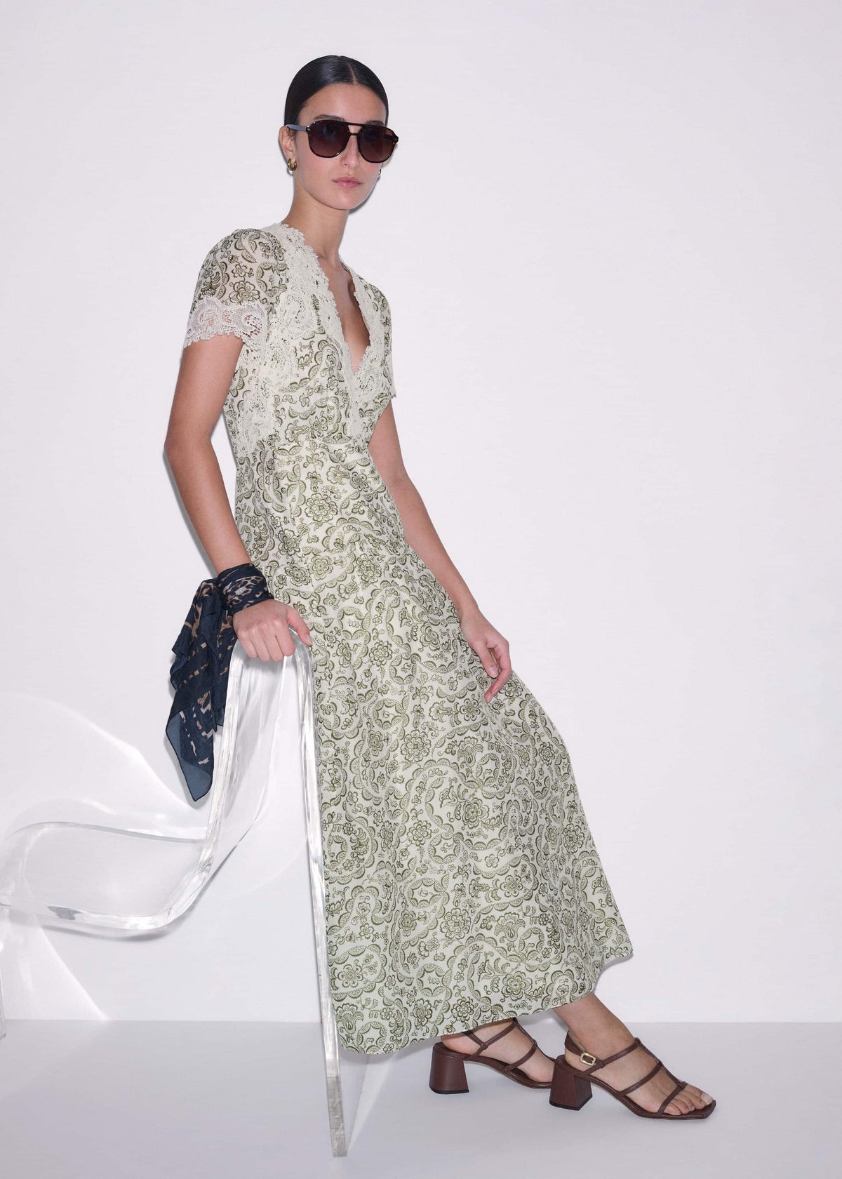 Green Silk Cotton Lace Trim Maxi Dress | ME+EM
