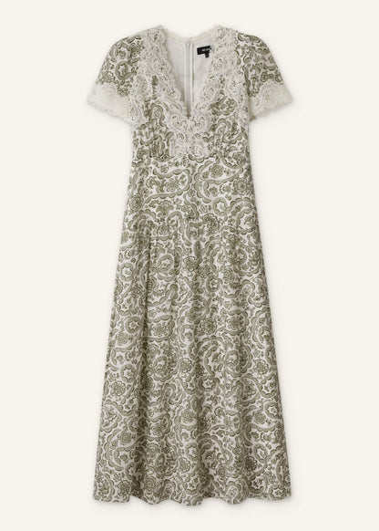 Green Silk Cotton Lace Trim Maxi Dress | ME+EM