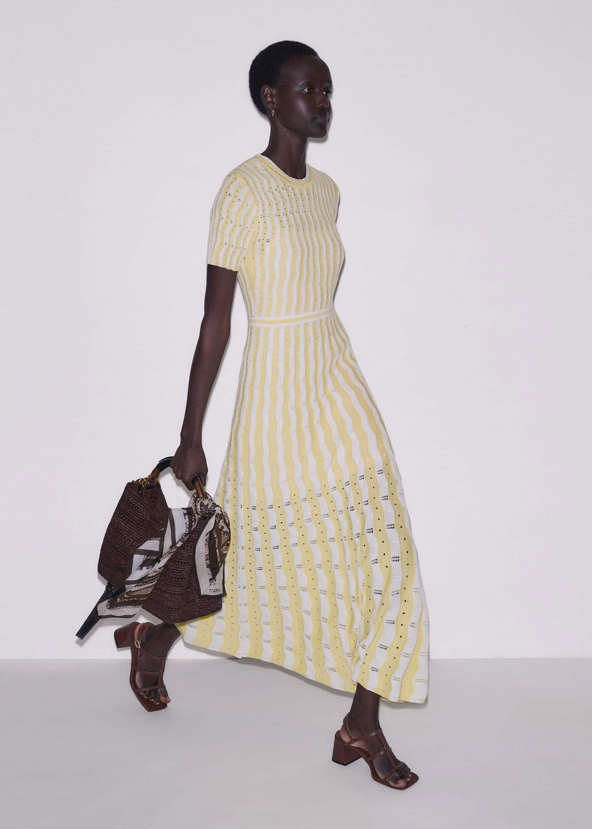 Yellow Textured Pointelle Stripe Knit Maxi Dress | ME+EM
