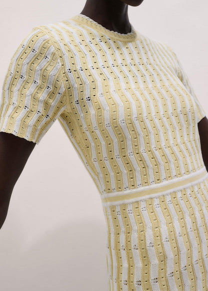 Yellow Textured Pointelle Stripe Knit Maxi Dress | ME+EM