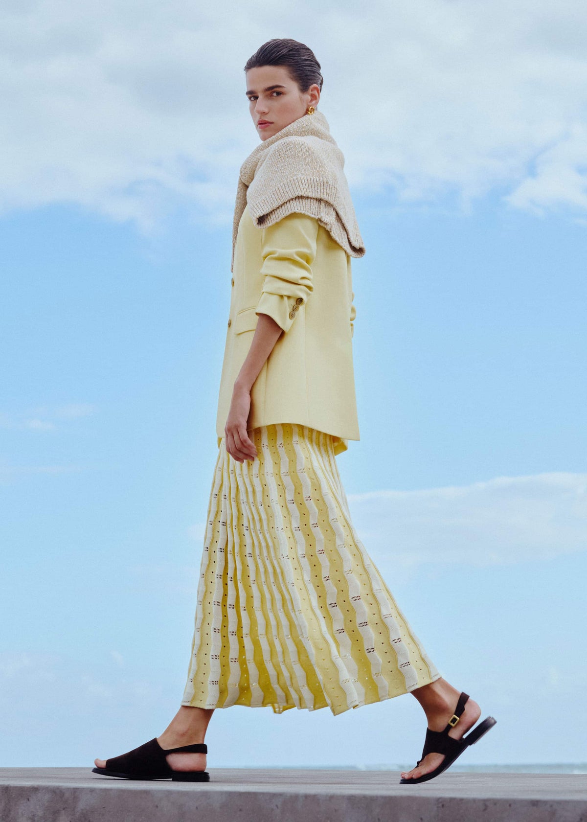 Yellow Textured Pointelle Stripe Knit Maxi Dress | ME+EM
