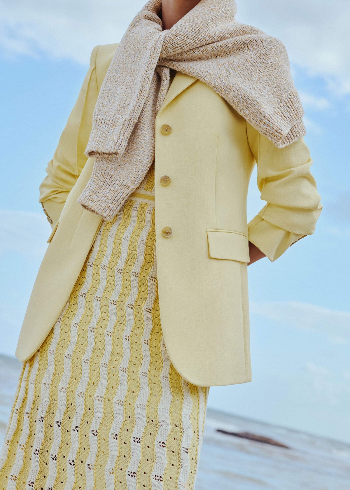 Yellow Textured Pointelle Stripe Knit Maxi Dress | ME+EM
