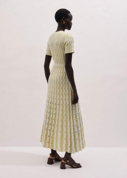 Yellow Textured Pointelle Stripe Knit Maxi Dress | ME+EM