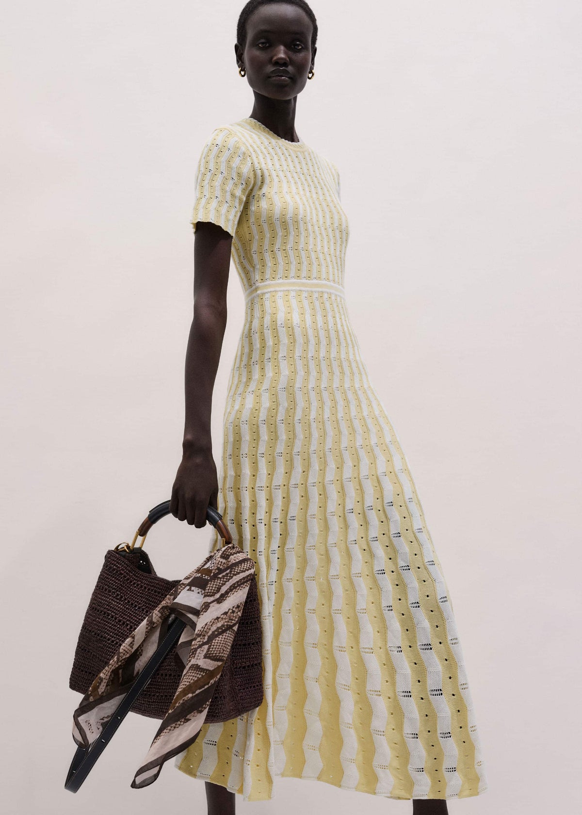 Yellow Textured Pointelle Stripe Knit Maxi Dress | ME+EM