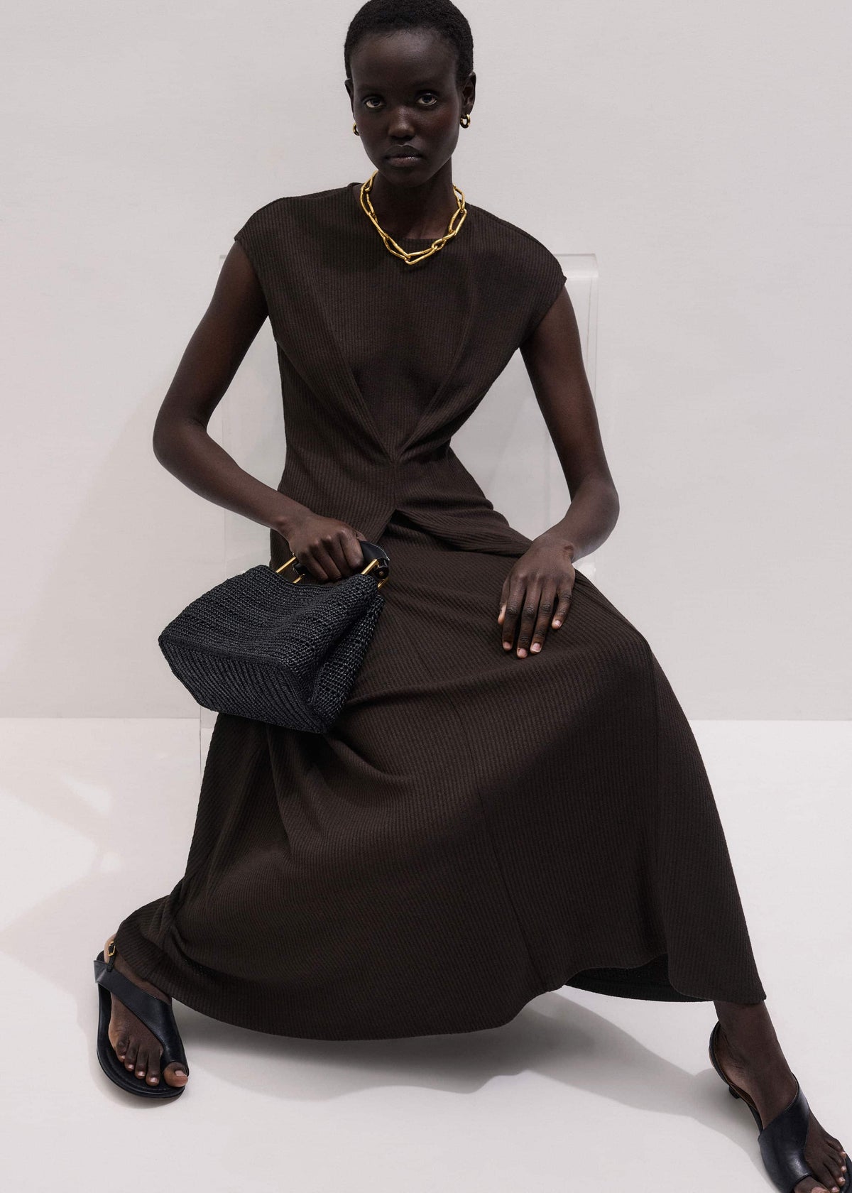 Brown Draped Waist Clever Pleat Maxi Dress | ME+EM