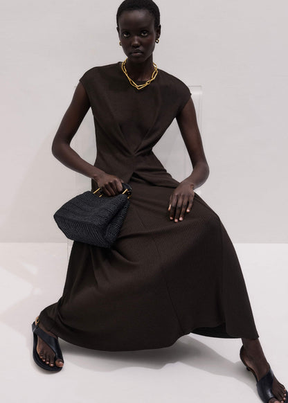 Brown Draped Waist Clever Pleat Maxi Dress | ME+EM
