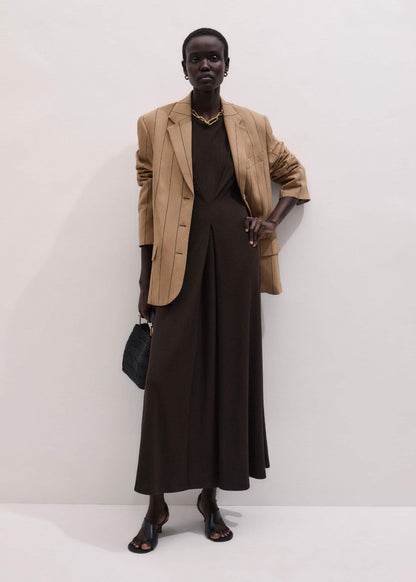 Brown Draped Waist Clever Pleat Maxi Dress | ME+EM