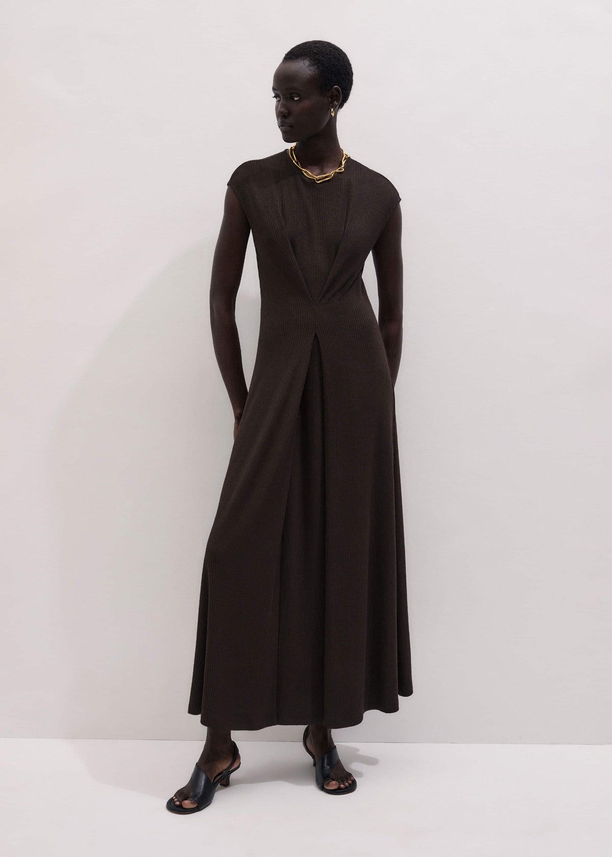 Brown Draped Waist Clever Pleat Maxi Dress | ME+EM