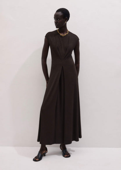Brown Draped Waist Clever Pleat Maxi Dress | ME+EM