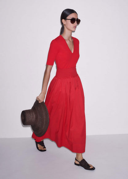 Red V-Neck Smocked Skirt Mixed Media Maxi Dress | ME+EM