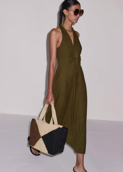Olive Green Crease-Less Linen Twist Front Maxi Dress | ME+EM