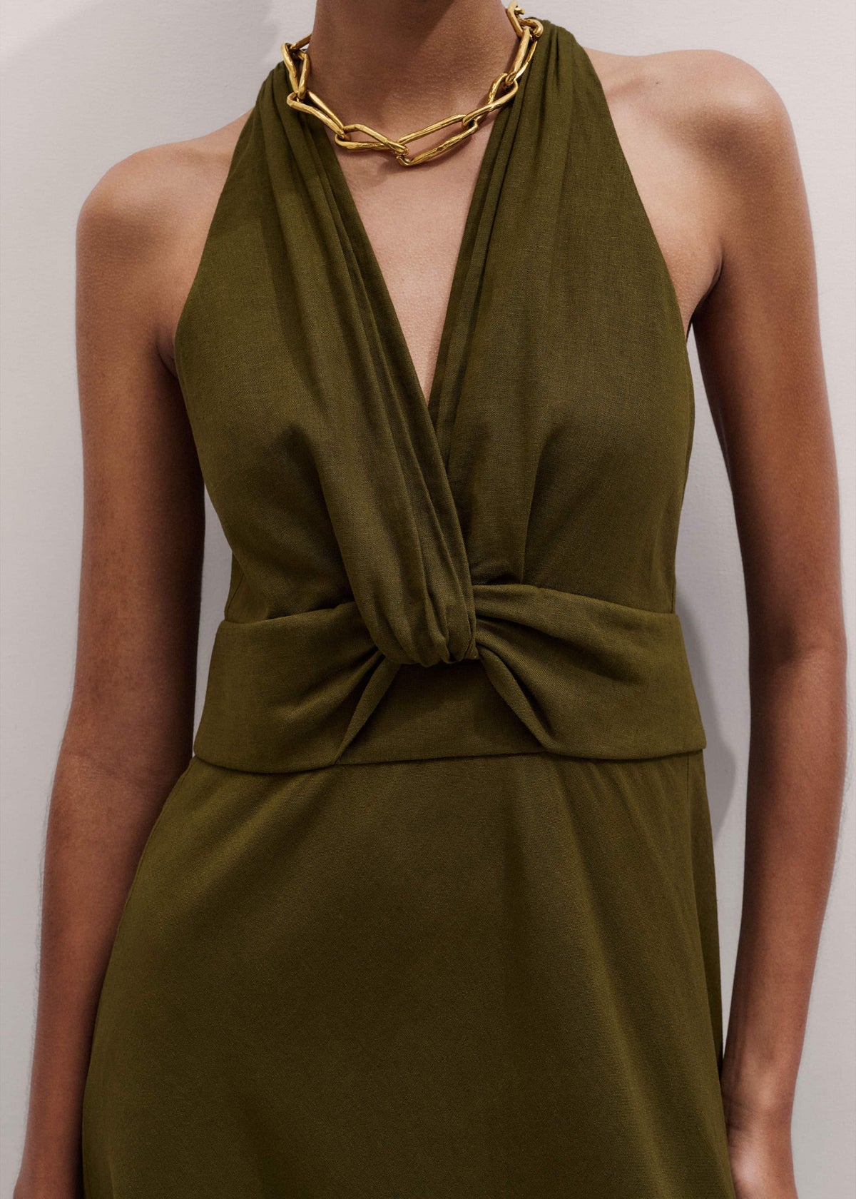 Olive Green Crease-Less Linen Twist Front Maxi Dress | ME+EM