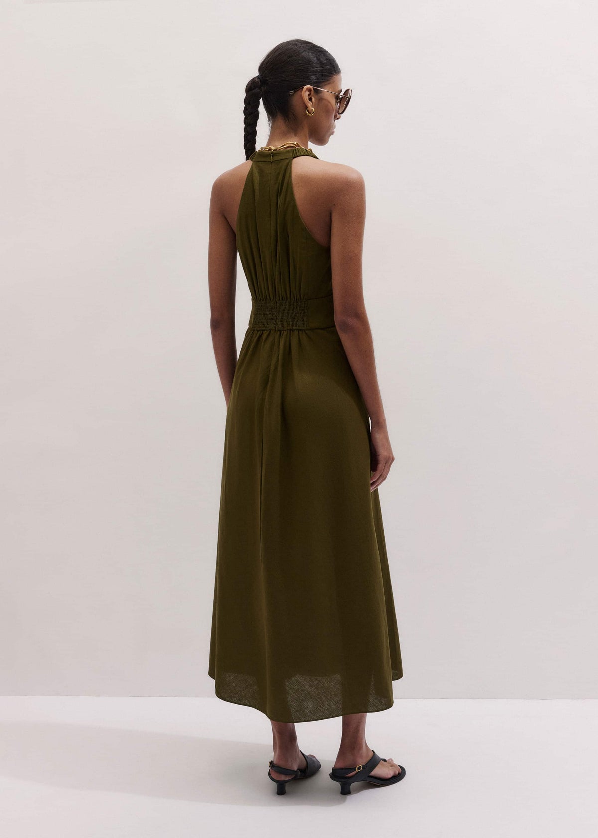 Olive Green Crease-Less Linen Twist Front Maxi Dress | ME+EM